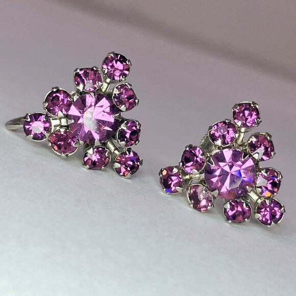 Vintage 1950s Earrings Purple Rhinestone Screw Back Mid Century Jewelry - Picture 11 of 13